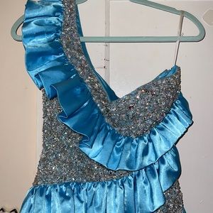 Off shoulder blue sequin formal dress